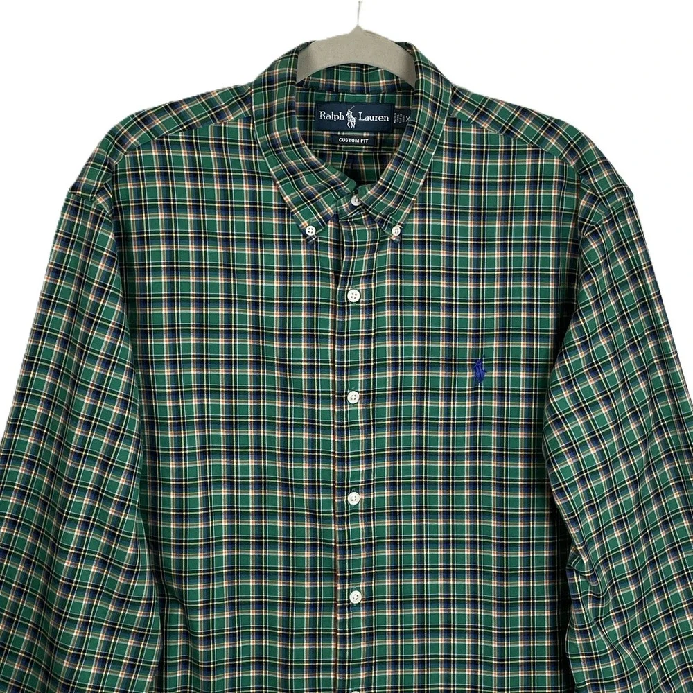 Polo Ralph Lauren Mens XL Custom Fit‎ Green Plaid Button Down Long Sleeve Shirt